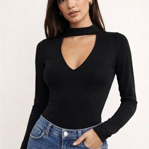 Kendall + Kylie Black Choker V-Neck Long Sleeve Bodysuit Sleek Y2K Minimalist